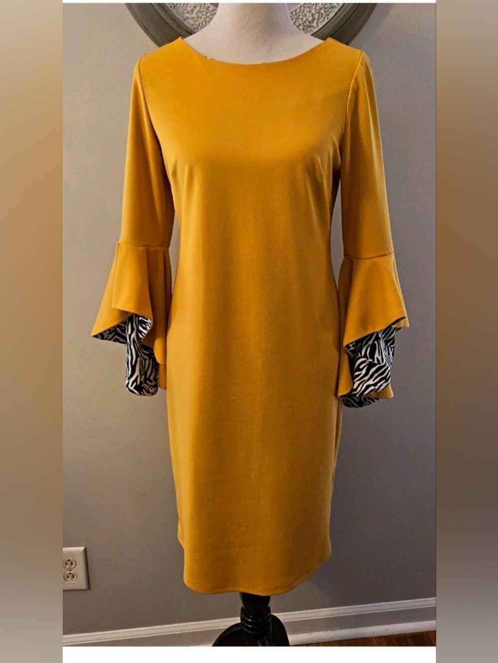 Mustard Bell-Sleeve Shift Dress with Zebra Trim